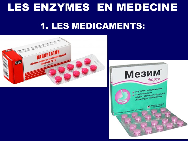 LES ENZYMES  EN MEDECINE 1. LES MEDICAMENTS: